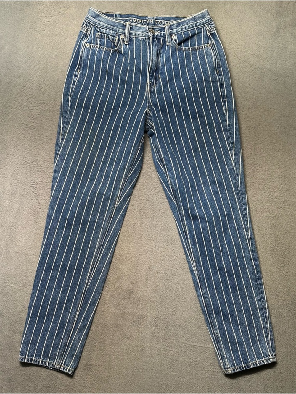 American Eagle Womens 2 Straight Leg Jeans Blue Stripe High Rise Mom EUC